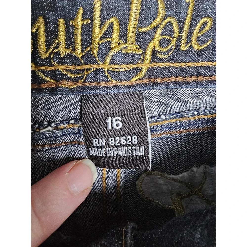 Southpole Denim Bermuda Shorts Womens 16 Dark Wash Stretch Rhinestone Script